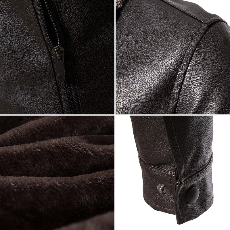 Faux Leather Men Jacket Thickened Plush Lining Warm PU Leather Jacket Business Casual Leather Jacket Winter Faux Fur Collar Coat