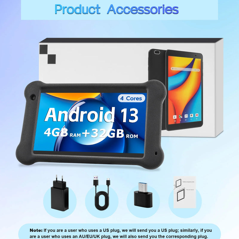 Paitanry 7 inch Tablet Android 13 Quad Core 4GB RAM 32GB ROM 1024*600 IPS 5G WiFi Bluetooth Dual Cameras GPS Portable Tablet PC