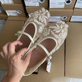 Embroidered Pearl Mesh Women Mary Jane Shoes Casual Summer Breathable Footwear Round Toe Belt Buckle Ballet Style Flats for Lady