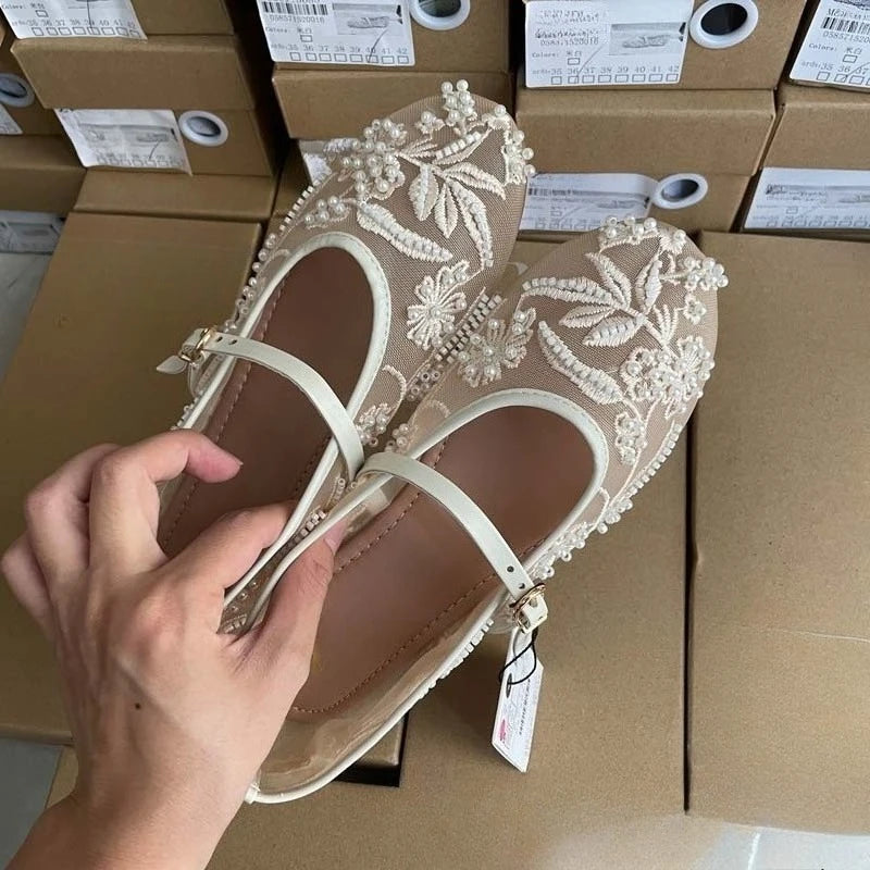 Embroidered Pearl Mesh Women Mary Jane Shoes Casual Summer Breathable Footwear Round Toe Belt Buckle Ballet Style Flats for Lady