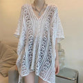 Women Beach Cover Up Crochet Sexy Deep V-Neck Side Slit Short Sleeve Hollow Out Knitted Fashion Cover-Ups Knitting Smock
