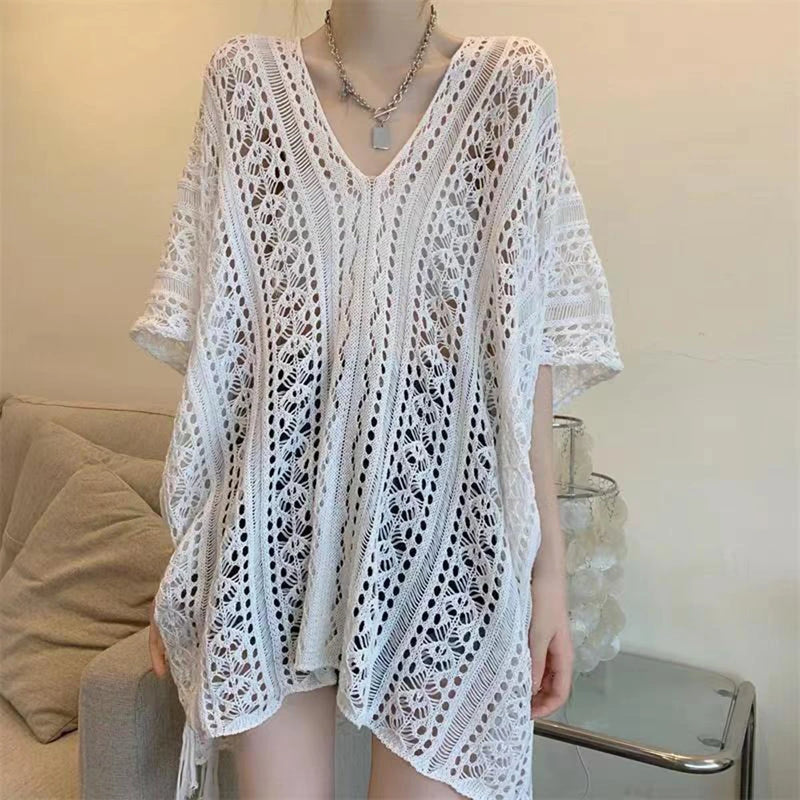 Women Beach Cover Up Crochet Sexy Deep V-Neck Side Slit Short Sleeve Hollow Out Knitted Fashion Cover-Ups Knitting Smock