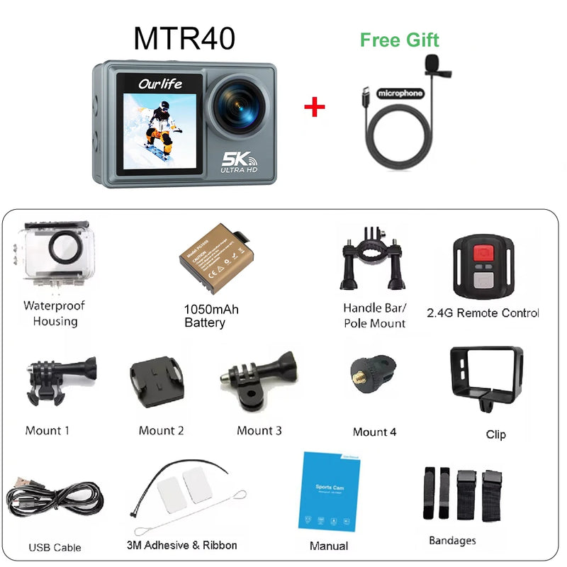 Ourlife MTR40 5K Action Camera 2" IPS Touch Screen 5X Zoom Action Cam 170° 30M Waterproof WiFi Sports Camera With Remote Control