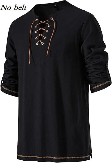 Men Medieval Lace Up Linen Long Sleeve Tunic Viking | SAMAG