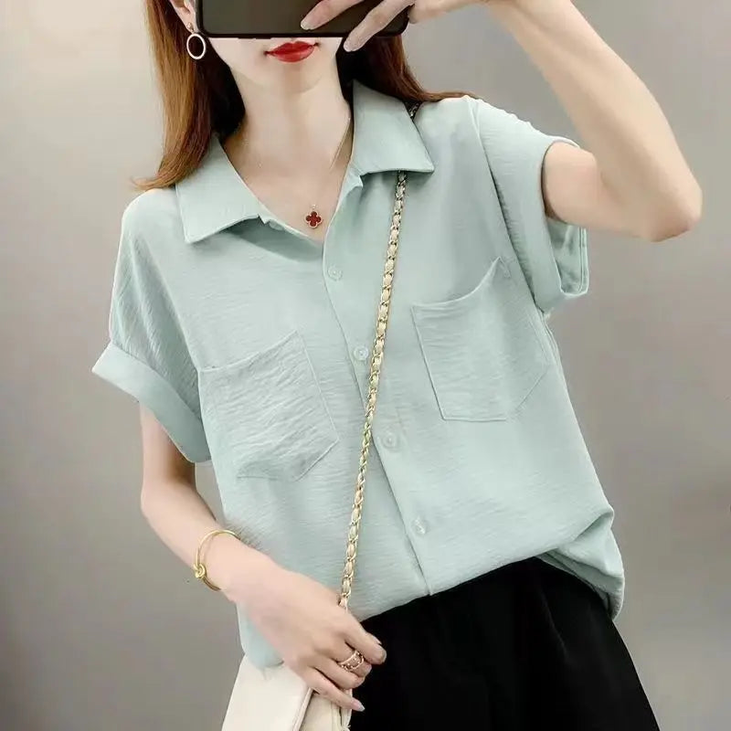 2026 New Faion Loose Materni Summer irt Women's Thin ort Sve Polyester  Collar Button up Casual Top