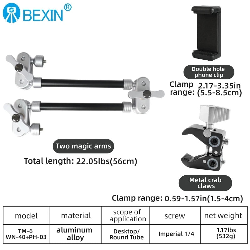 BEXIN Camera Magic Arm with Super Clip Bracket for Smartphone  Clamp Mount Tablet Webcam Studio Kits Set