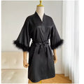 White Bride Wedding Robe with Feathers Women Satin | SAMAG