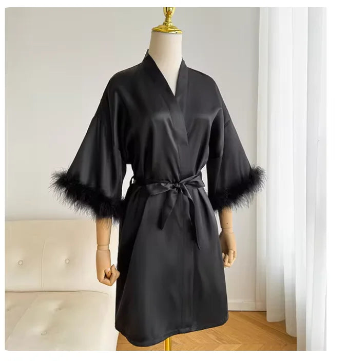 White Bride Wedding Robe with Feathers Women Satin | SAMAG