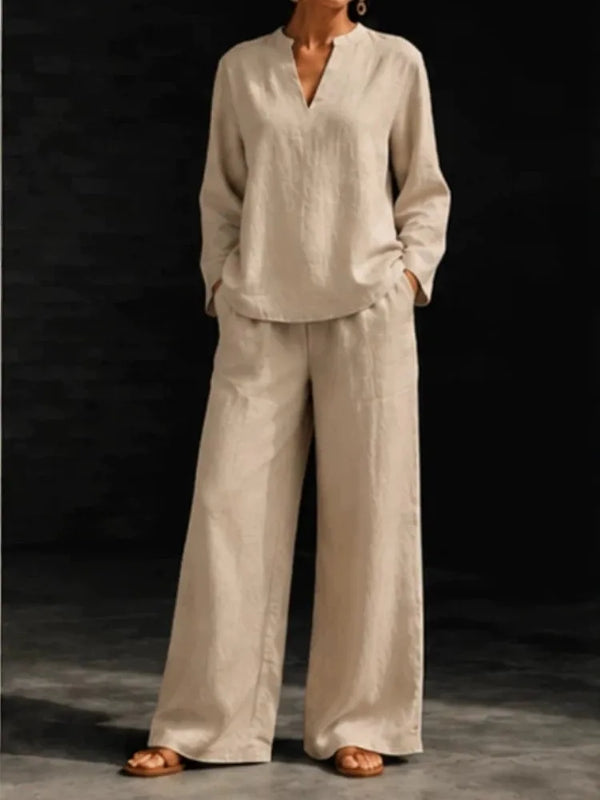 Women 2‑Piece Matching Outfit Long Sleeve Button Shirt High Waist Wide Leg Pant Loose Vacation Street Daily Wear Suit For Ladies