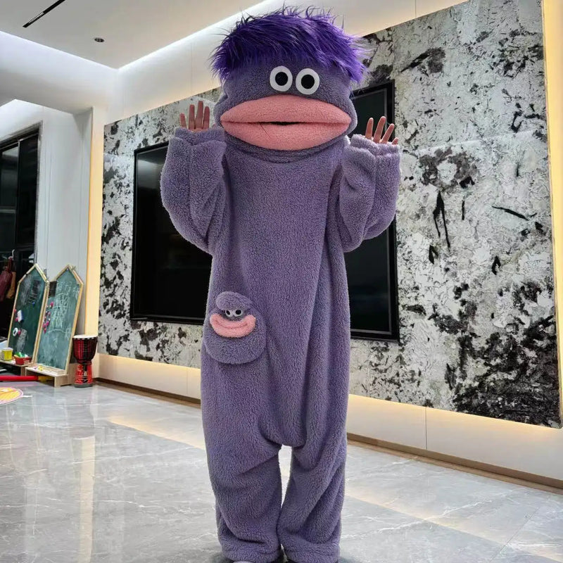 Autumn Winter Big Mouth Monster Cartoon One Piece Pajamas Thick Coral Fleece Warm Soft Casual Couple Home Loungewear In Stock