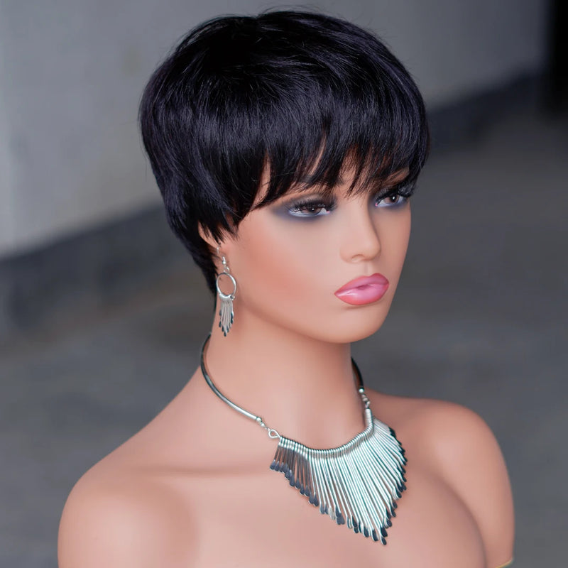 Short Pixie Cut Human Hair Wig for Women Natural Black Brazilian Hair Wig Machine Made Wigs with Bangs  Cheap  Layered Cut  Wigs