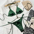 Sexy Green Satin Rhinestone Halter Tie Bikini Sets Two | SAMAG