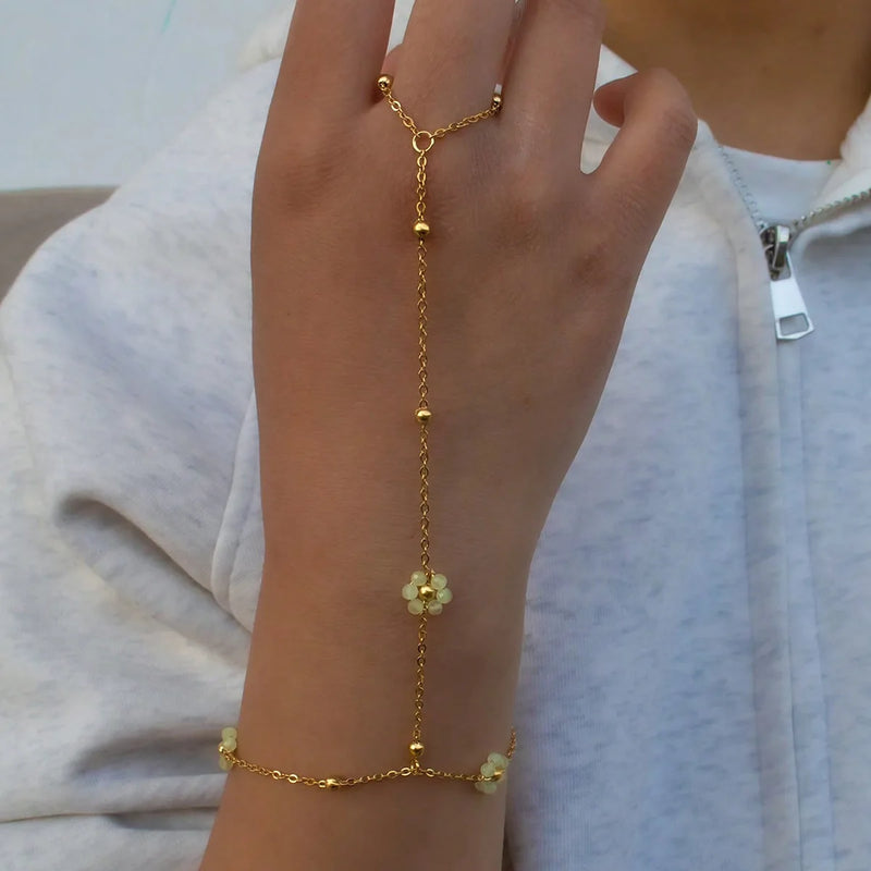 Stainless Steel Colorful Crystal Beads Flower Hand Chain Bracelet for Women Summer Dopamine Finger Ring Link Chain Beach Jewelry