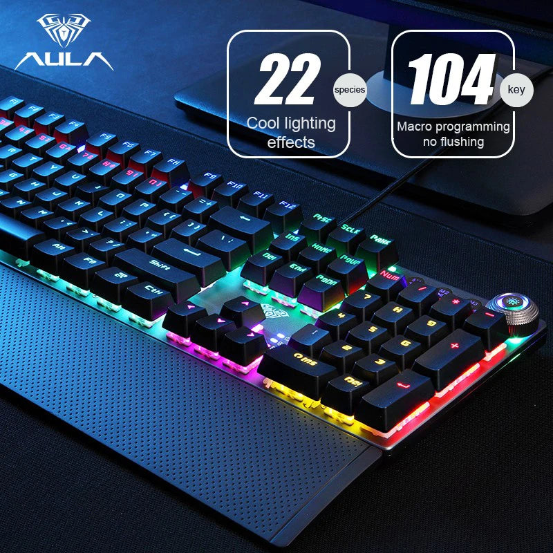 AULA F2088 Mechanical Keyboard Retro Punk 104 Keys RGB Backlit Wired Anti-Ghosting Magnetic Wrist Rest for PC/Mac