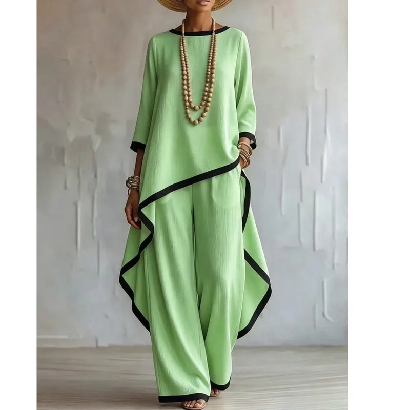 Women's Contrast Patchwork Two Piece Set Autumn O-neck Long Sleeve Irregular Extended Top + Wide Leg Pants Casual Matching Sets
