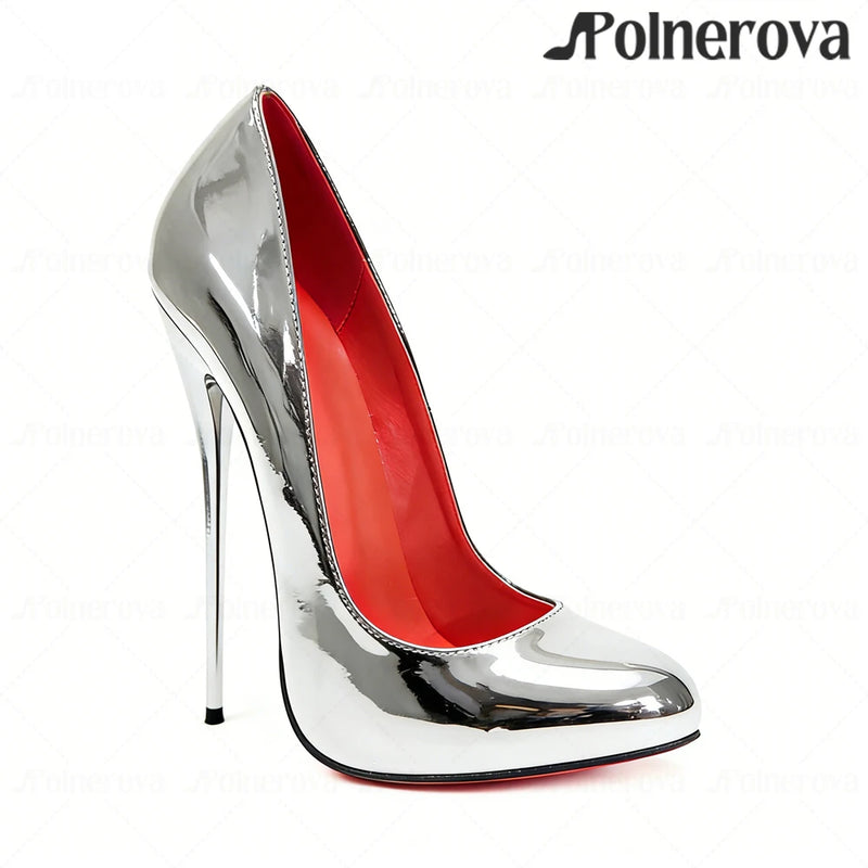 16cm Brown Patent PU Leather Pumps Sexy Style Sliop on Round Toe High Heels Ultimate Lacquered Heel Pumps Women's Daily Footwear