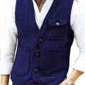 Men Vest Brown Herringbone Wool Tweed V Neck Single Breasted Retro Tooling Vest Male Gentleman Business Waistcoat For Wedding