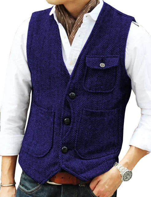 Men Vest Brown Herringbone Wool Tweed V Neck Single Breasted Retro Tooling Vest Male Gentleman Business Waistcoat For Wedding