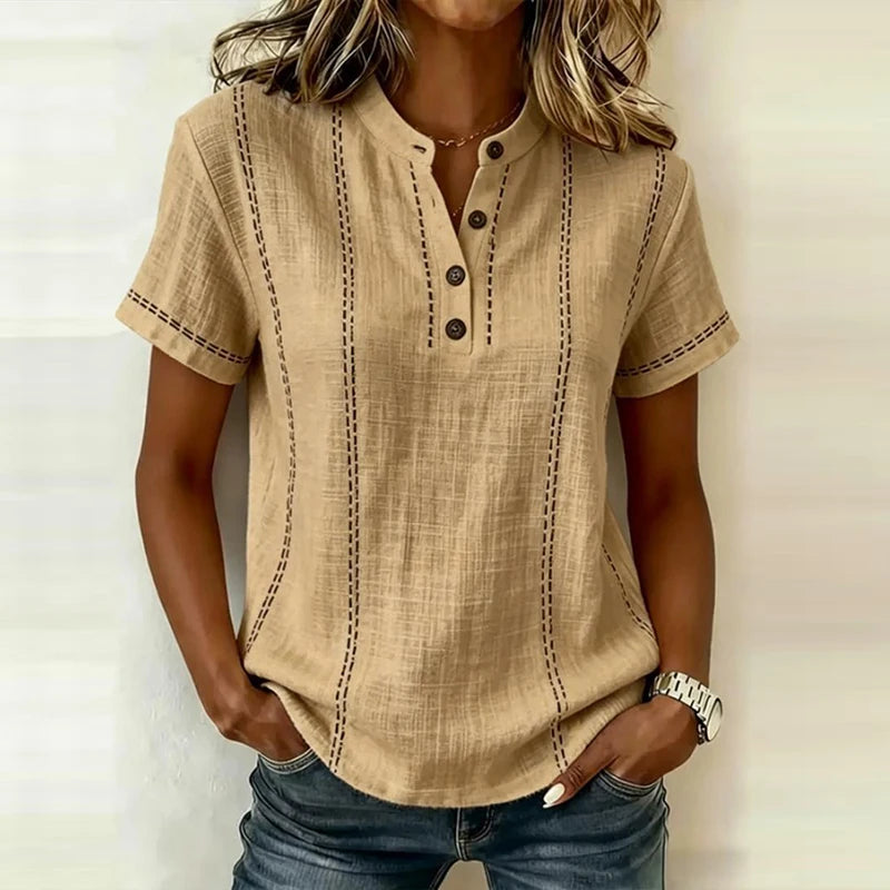 Elegant Women Blouse Shirt V Neck Button Patchwork Short Sleeve Shirts For Women Summer Striped Loose Tee Women Casual T-shirts