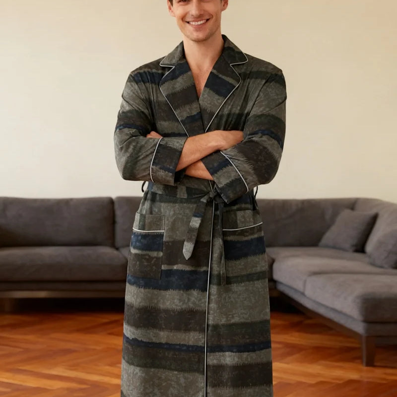 Men's Landscape Print Rayon Bathrobe Kimono Style with Belt Pockets Soft Breathable Loungewear for Home