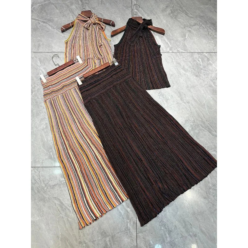Metallic Colorful Striped Knit Skirt Set Women 2026 New Classic Halter Neck Sleeveless T-Shirt+Slim Versatile Skirt 2-Piece Set