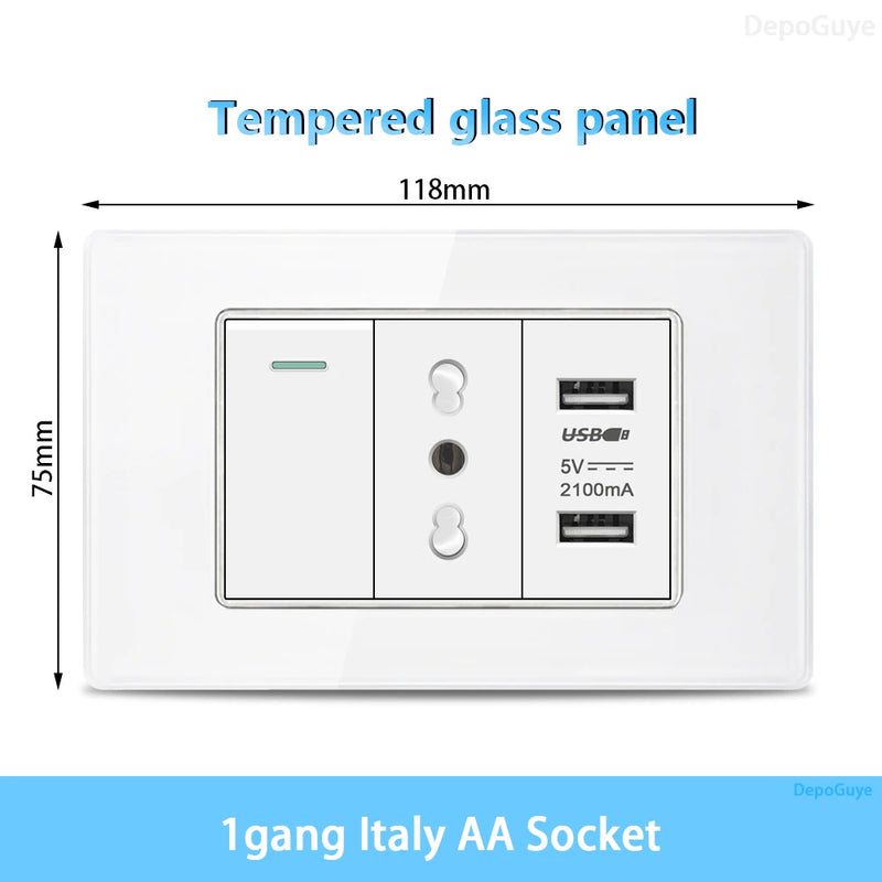 White Tempered Glass Italy USB Type C Smart Fast Charging Wall Socket Plugs Schuko Light Switch Panel Chile TV Sat Computer CAT6