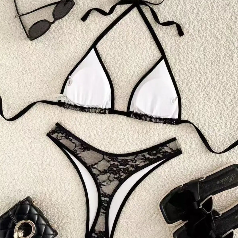 Sexy black lace print halter tie bikinis sets two pieces | SAMAG