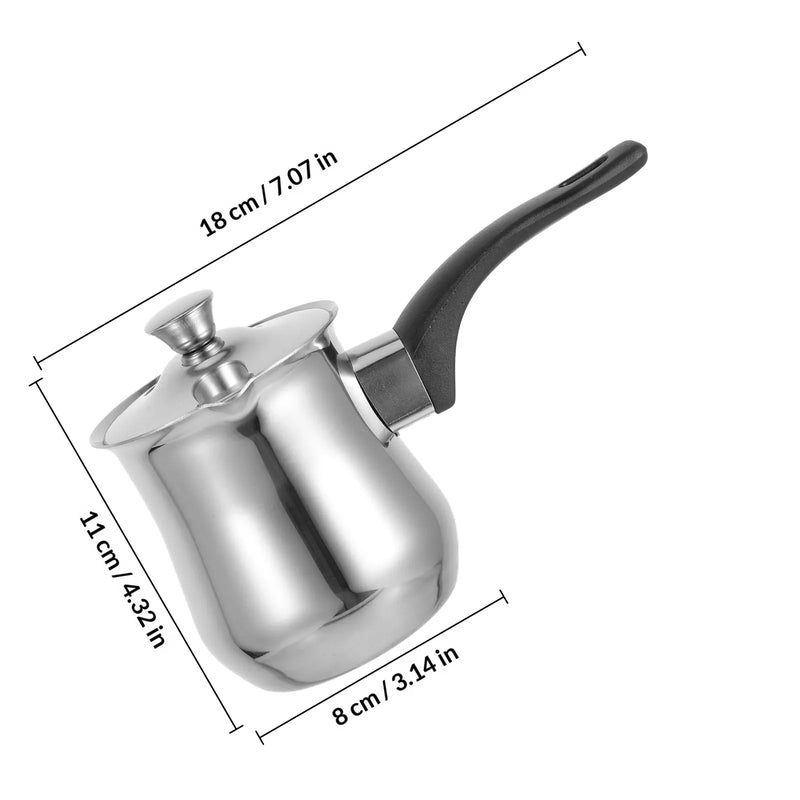 Stainless Steel Turkish Coffee Pot 360Ml Long Handle Lid Milk Warmer Pot Tea Brewing Small Sauce Pan Stovetop Induction Coffee