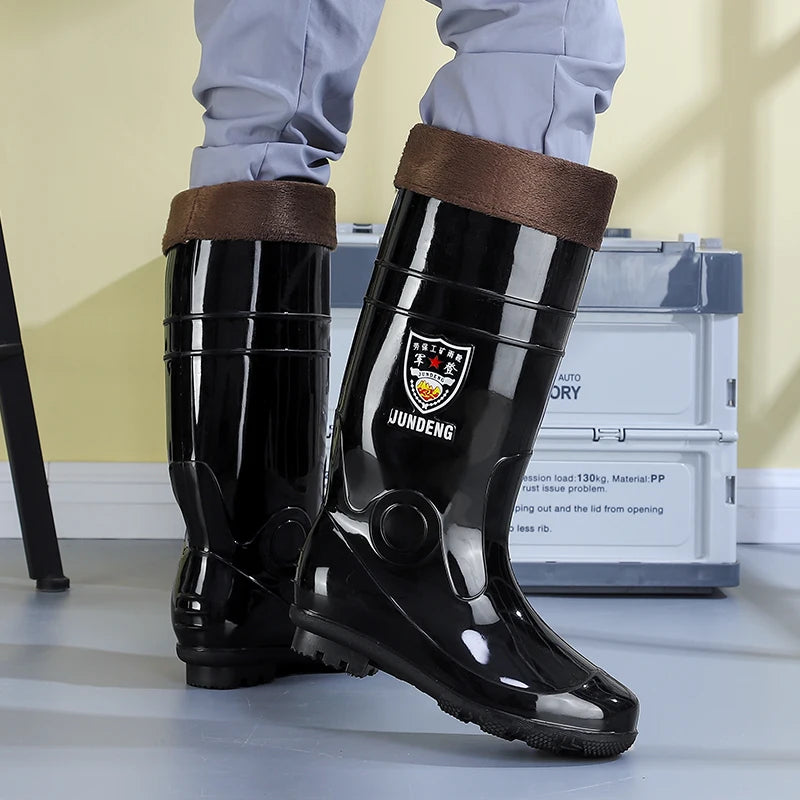 Large Size Men's Rain Boots High Tub Waterproof Anti-slip Work Site Rubber Shoes Fleece Lined Durable Plastic Outsole