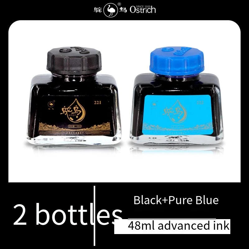 Ostrich 2-Series Fountain Pen Ink, 48ml - Non-clogging Carbon-Free in 4 Colors (Black/Blue/Blue-Black/Red)