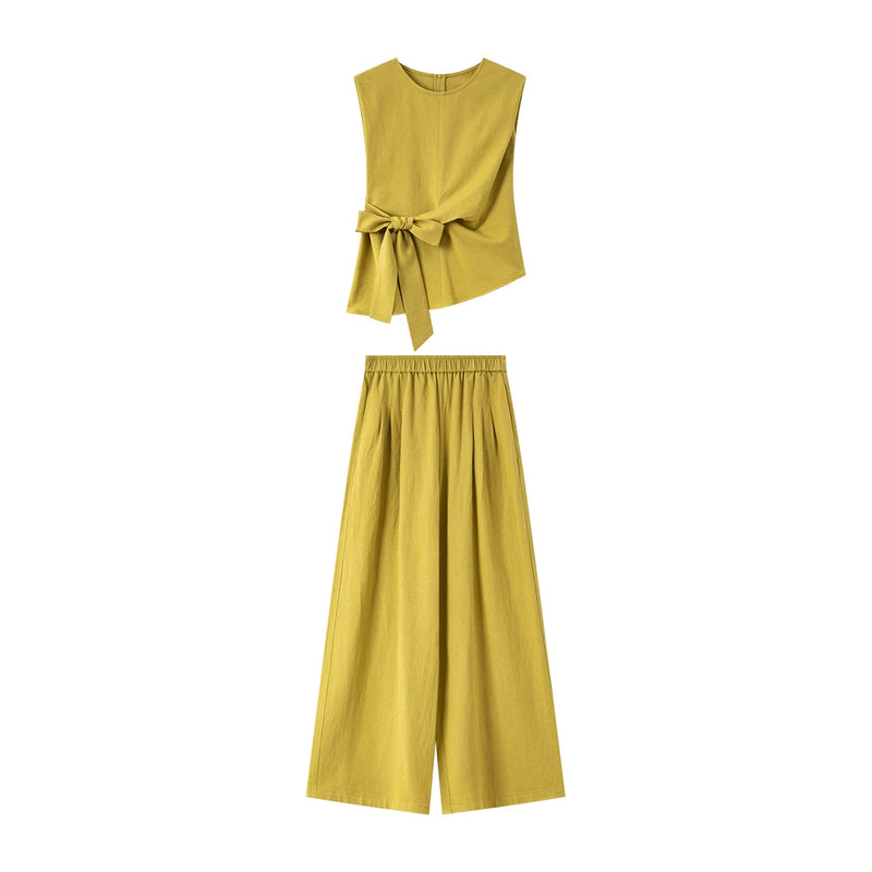VIMLY Women's Yellow Two-piece Set 2026 Summer Round Neck Side Bow Tie Sleeveless Top Casual Fashion Wide Leg Long Pants A2370