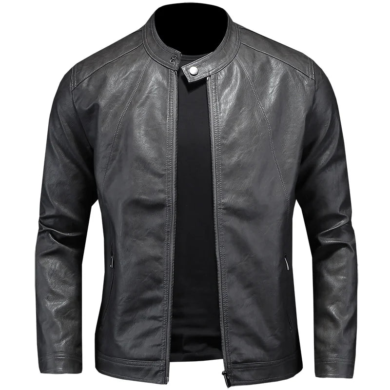 2024 Autumn and Winter New Fashion Handsome with Solid Color Men Stand Collar Motorcycle Leather Coat Slim Fashion   M-5XL