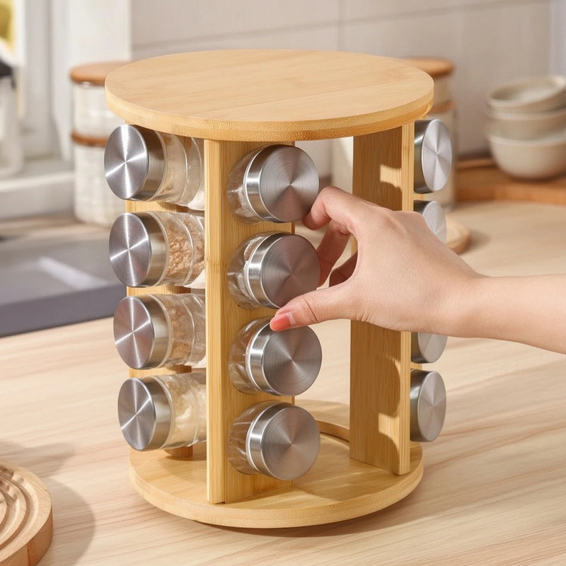 Bamboo Seasoning Rack with Glass Jars Countertop with Bottle Set Revolving Rotating for Cooks - View 4 | SAMAG