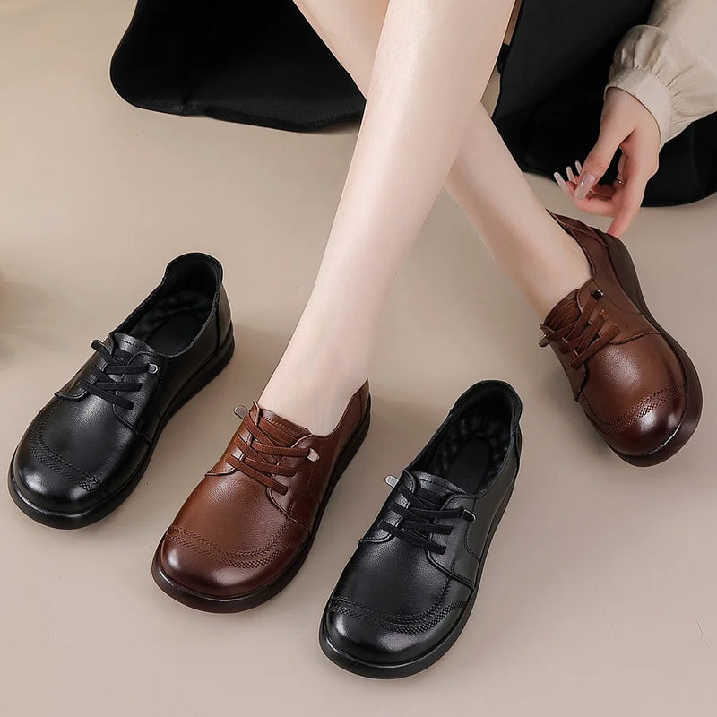 New real leather barefoot flats woman lace up moccasins mother comfortable flat drive shoes ladies vintage oxfords flats loafer