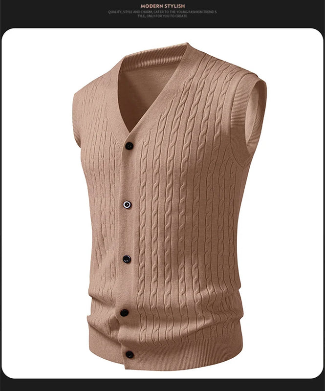 Beige Men's Sleeveless Knit Vest; Pullover Vests for Fall and Winter, Available in Yellow, Gray, Khaki, and Blue.