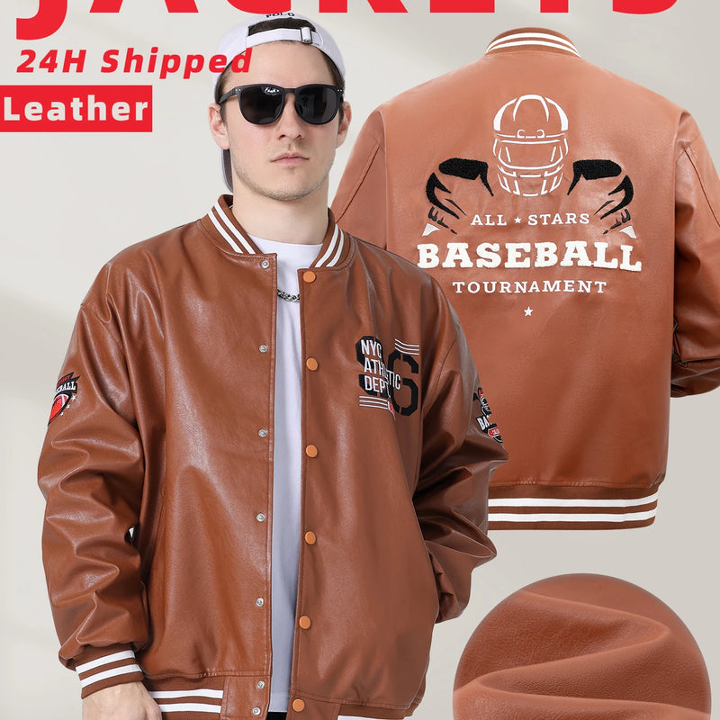Men's Faux Leather Jackets Varsity Embroidered Baseball Coat Casual Daily Motorcycle Windbreaker Outerwear New in Jacket