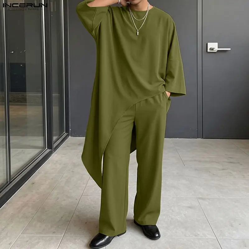 INCERUN Men's Sets Solid Color Loose Long Sleeve Irregular T Shirt Pants Two Piece Streetwear Casual - View 3 | SAMAG