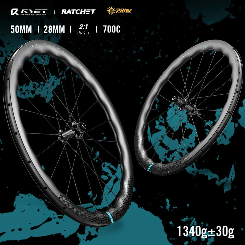RYET RR 700C 50mm UD Carbon Road Wheelset 24H 36T Ratchet Hub Disc Brake Tubeless Ready 22mm Internal Width Road Racing Wheel