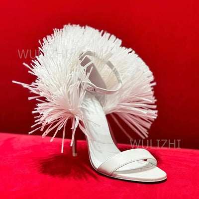 White Tassel Feather Long Straps Heels Girls Cute Open | SAMAG