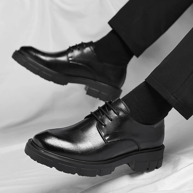 10cm Height Increasing Cowhide Men's Shoes, Fashionable, Casual, Business Office Thick Soled Men's Formal Shoes