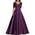 A Line Women Evening Dresses Satin Appliques V Neck Prom | SAMAG