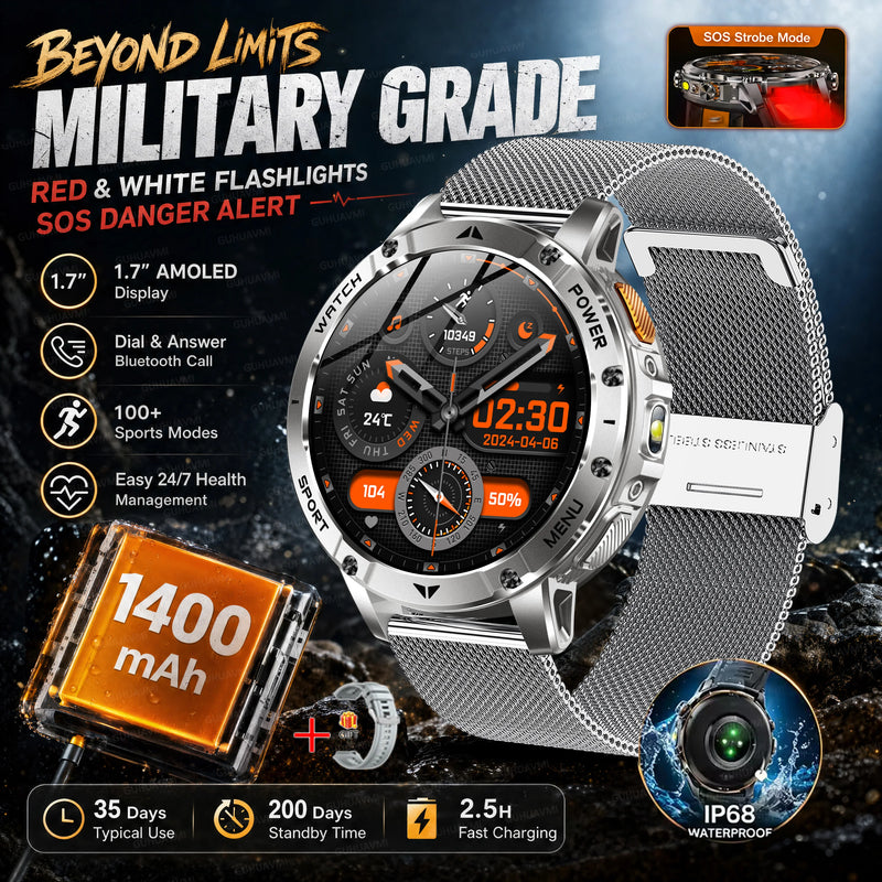 2026 New Military TANK 1400mAh Battery Smart Watch IP68 Waterproof LED Flashlight Heart Rate Sports tracker SOS Smart Watch Men