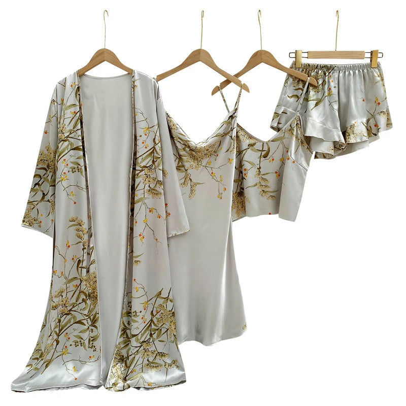 Silk Robe Sleep Suit Women's Lace Satin Pajamas Gown Set | SAMAG