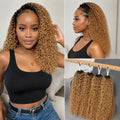 Premium Honey Blonde Highlight Human Hair Crochet Extensions Kinky Curly Deep Burmese Curl Pattern Feather Braids Pre Separated Miracle Knots Invisible Knotless Lightweight Soft Natural Looking Boho Hair