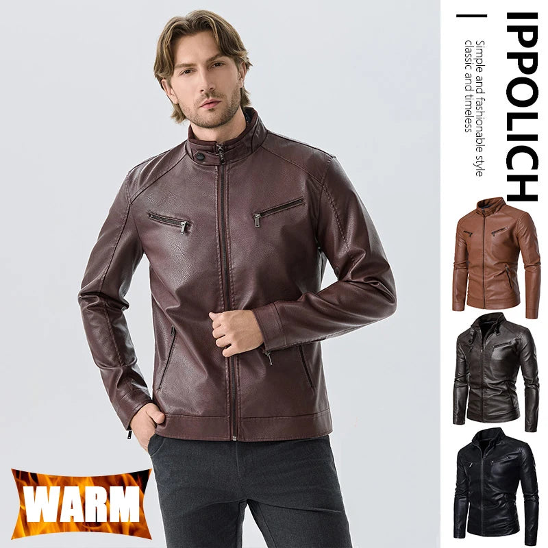Men PU Leather Jacket Fashion Autumn Winter Stand Collar Slim Leather Jackets Warm Casual Coat Moto Biker Windproof Leather Coat
