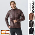 Men PU Leather Jacket Fashion Autumn Winter Stand Collar Slim Leather Jackets Warm Casual Coat Moto Biker Windproof Leather Coat