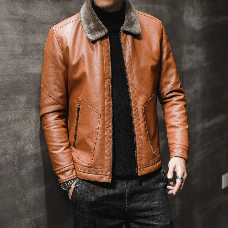 2026 Men's Winter Leather Jacket Middle-aged and Elderly Collar and Plush Fur Integrated Casual and Loose Leather Jacket for Men