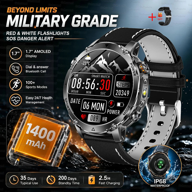 New 1400mAh Big Battery Smart Watch Men Outdoor GPS Flashlight IP68 Waterproof Bluetooth Call AMOLED Military Sports Smartwatch