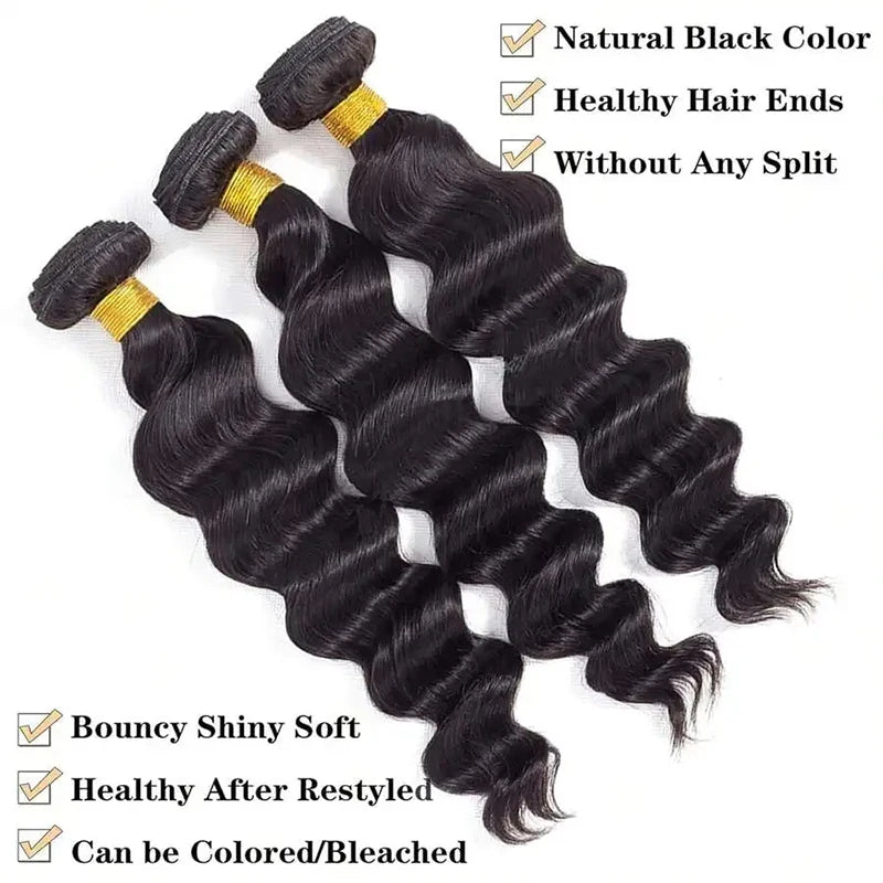 12A Natural Color Loose Deep Wave Human Hair Bundles And Weaves Unprocessed Brazilian Human Hair Weave Bundles 1/3/4PCS Raw Hair Bundles Weave Extensions Hair Extensions Materials For Women Natural Black Soft Silky Hair Loose