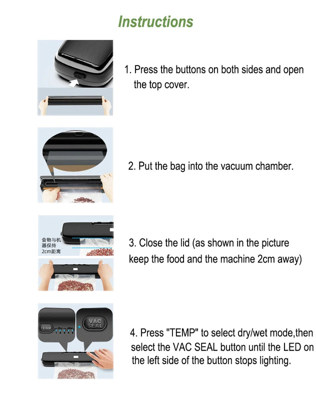 220V Electric Vacuum Sealer Packaging Machine with Free 15pcs Vacuum Bags Machine Household Black Food Vacuum Sealer